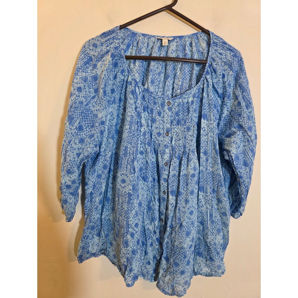 Sonoma Life + Style Womens 1X Blue White Cotton Pintuck 3/4 Sleeve Blouse Top